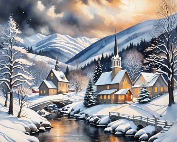 Serene Winter Landscape with Village and Mountains