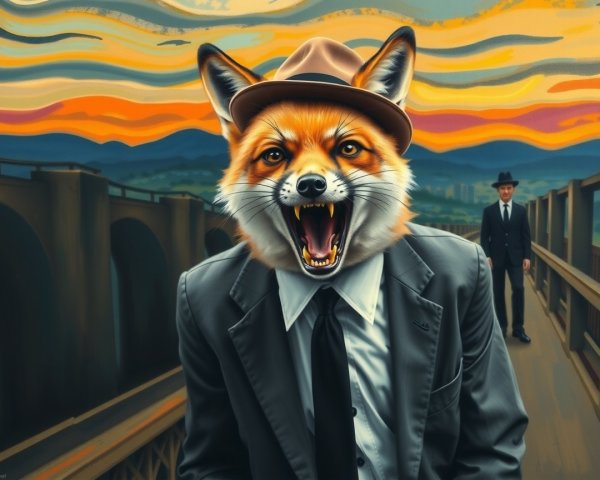 Fox in Suit on Bridge at Dramatic Sunset