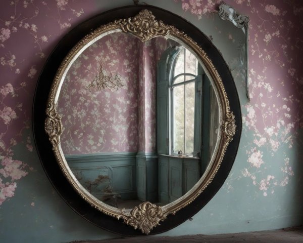 Large Ornate Round Mirror in Vintage Room Setting