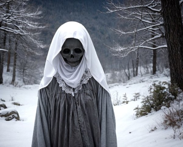 Skeletal Figure in a Haunting Winter Landscape