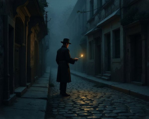 Man in Black Coat and Fedora on Foggy Cobblestone Street