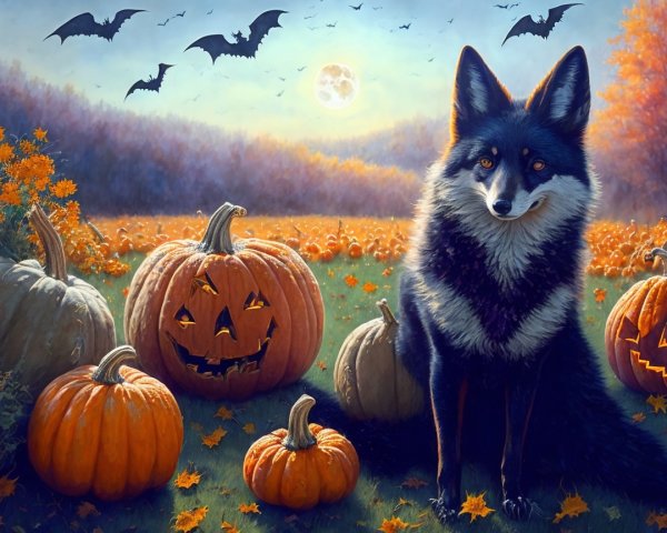 Autumn Scene with Black Fox in Pumpkin Patch