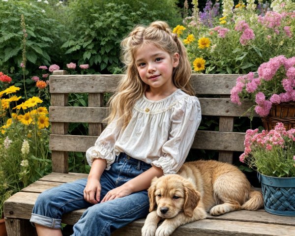 Young girl with puppy in a colorful garden setting
