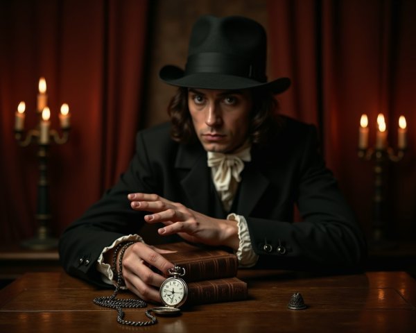 Mysterious Figure with Pocket Watch in Dimly Lit Setting