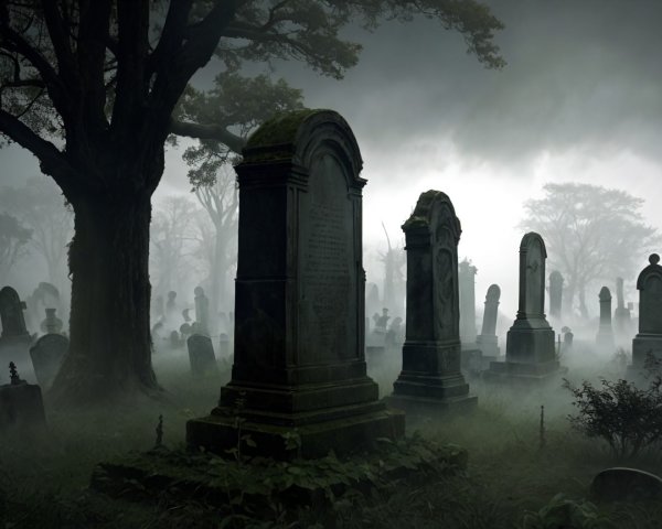 Eerie graveyard with mist and weathered tombstones