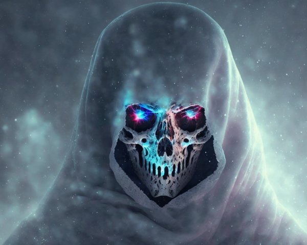 Mysterious figure with glowing skull and ethereal light