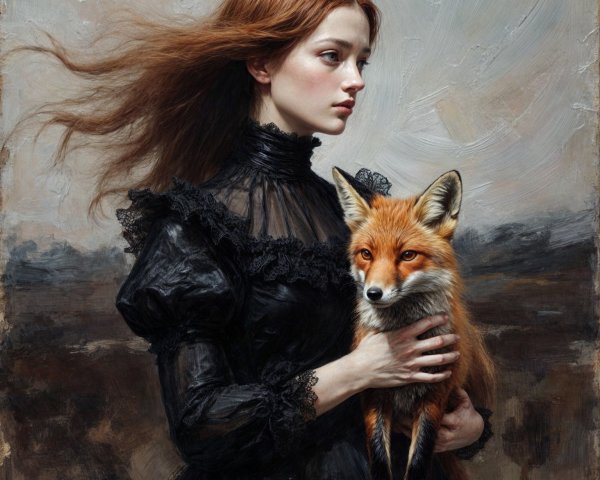 Portrait of a Young Woman with a Fox in Black Dress