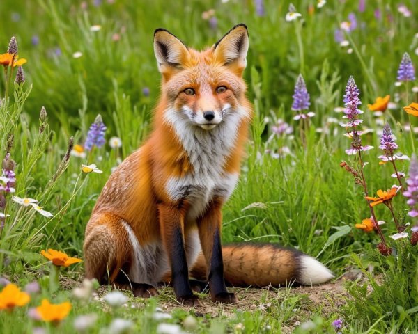 Red Fox in Blooming Meadow with Wildflowers