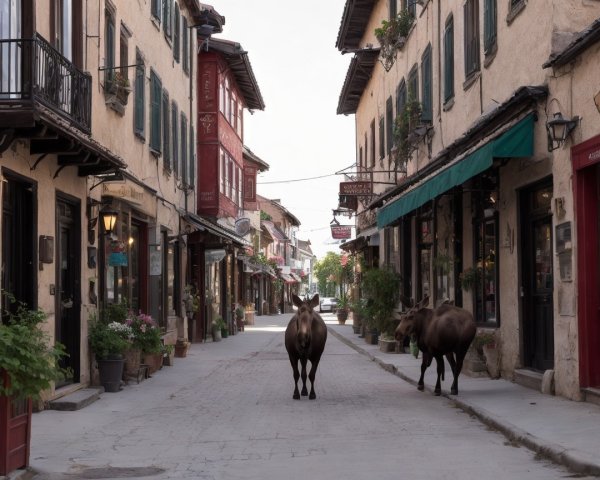 Charming Village Scene with Rustic Shops and Cows