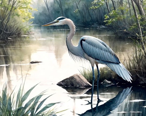 Heron in Tranquil Waterway Surrounded by Greenery