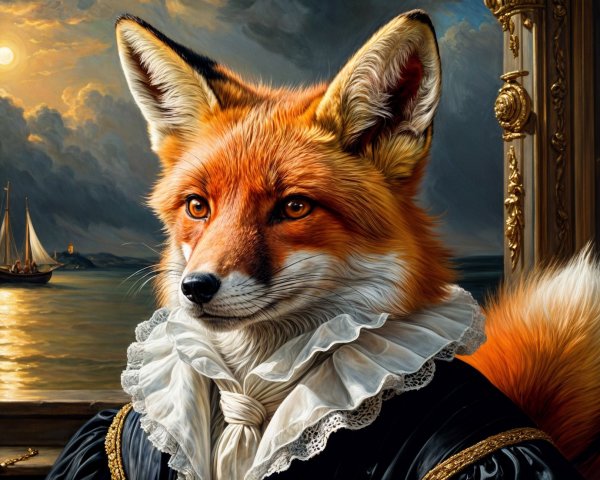 Regal fox in ruffled collar with serene seascape background