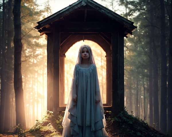 Young girl in a serene forest with golden sunlight