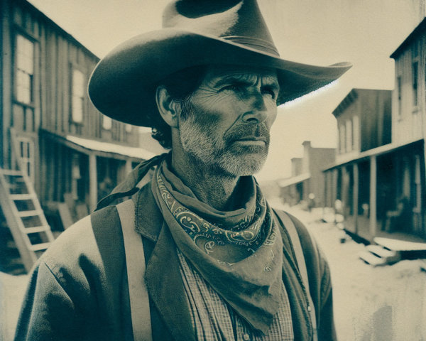 Cowboy in Dusty Western Town with Vintage Atmosphere