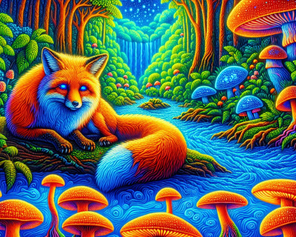 Surreal Forest with Luminous Fox and Colorful Mushrooms