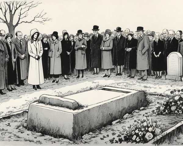 Funeral Scene with Mourning Attendees and Headstones