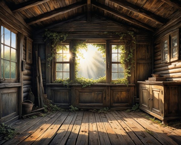 Rustic Cabin Interior with Sunlight and Ivy Decor