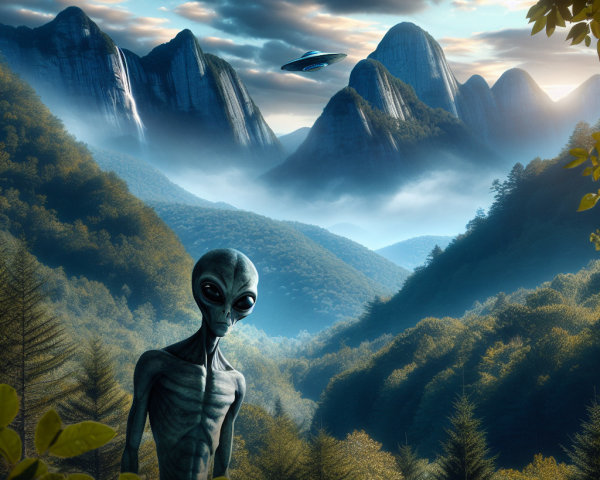 Alien Figure in Lush Valley with Hovering Spacecraft