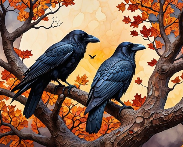 Black Ravens on Twisted Branch with Autumn Leaves