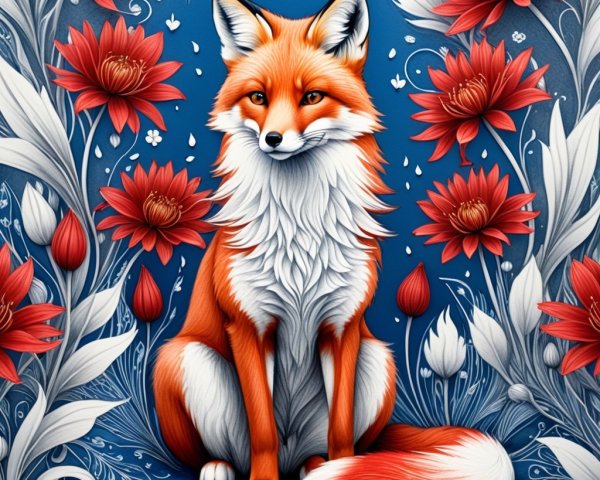 Stylized fox among red flowers and blue background