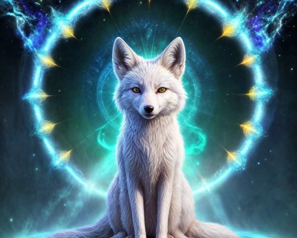 Mystical white fox with glowing fur and cosmic aura