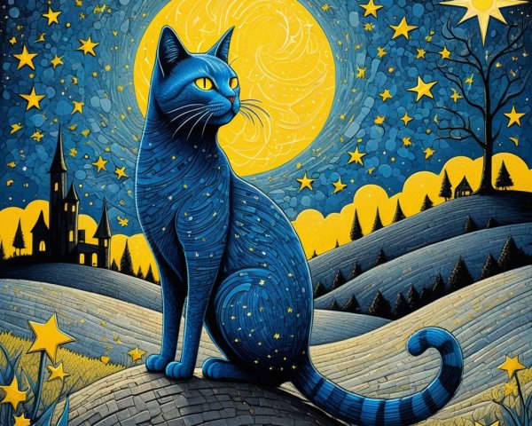 Illustration of a blue cat under a yellow moon and stars