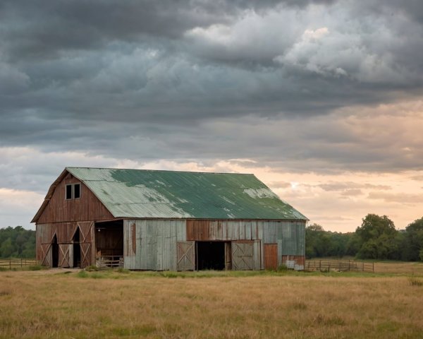 Rustic barn in open field under dramatic cloudy sky