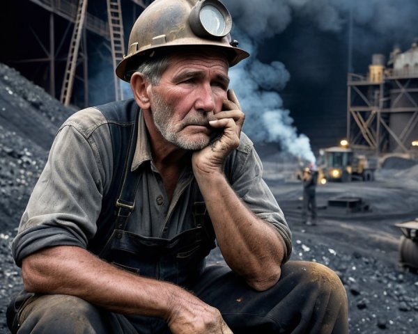 Coal Miner in Reflective Moment at Mining Site