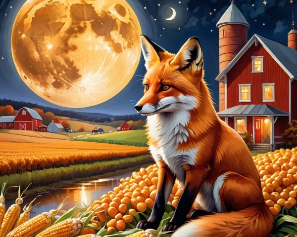 Fox in Golden Corn Stalks Under Full Moonlight