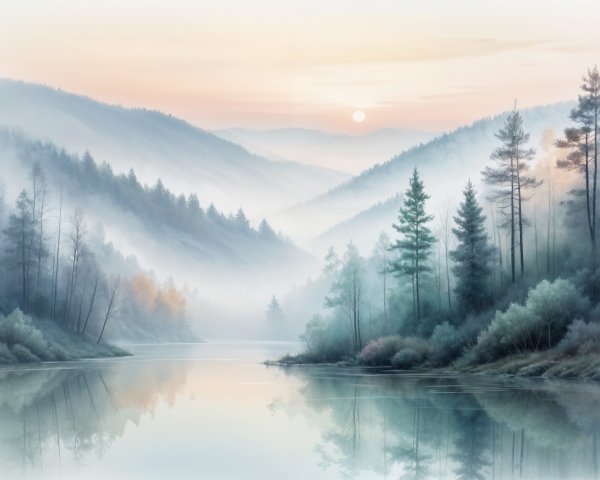 Misty Mountains and Calm River at Dawn