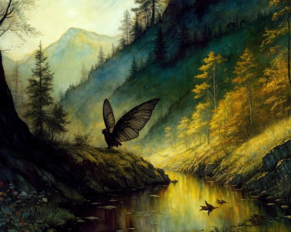 Twilight Landscape with River and Autumn Butterfly