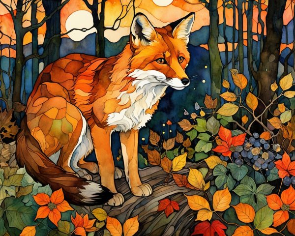 Stained Glass Artwork of a Fox in Autumn Foliage
