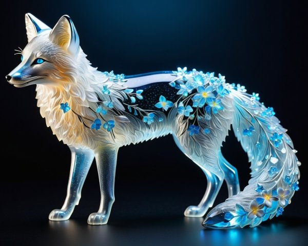 Intricate Glass Sculpture of a Fox with Blue Flowers
