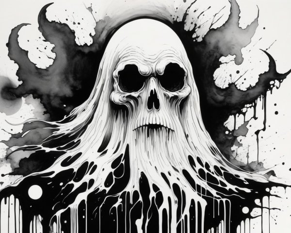 Eerie Black-and-White Illustration of a Ghostly Skull