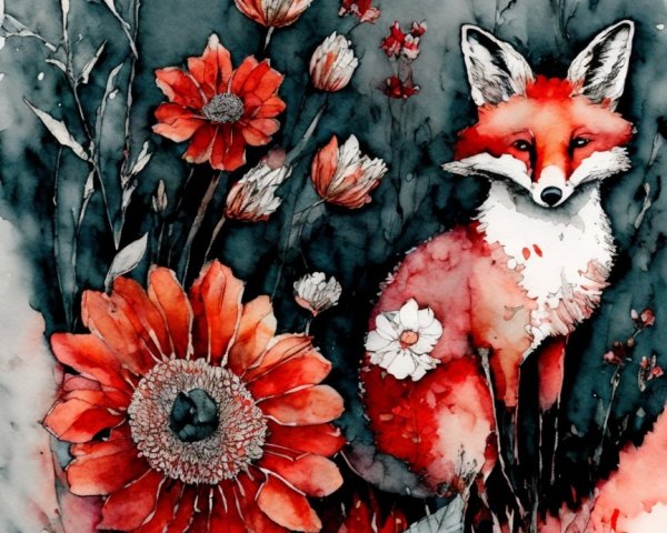 Watercolor Illustration of a Red Fox in Flowers