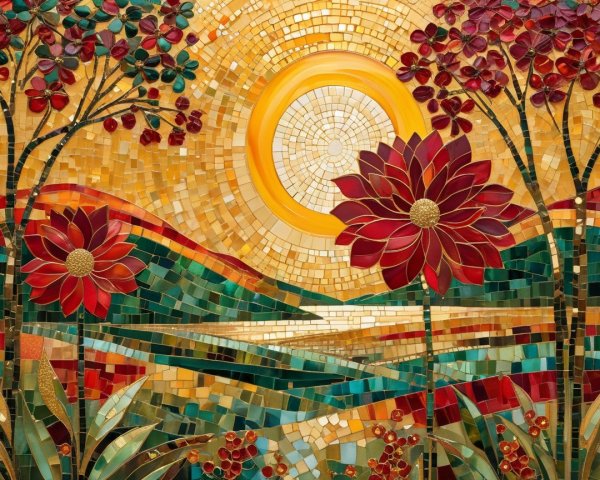Vibrant Mosaic Artwork of Flowers and Scenic Landscape