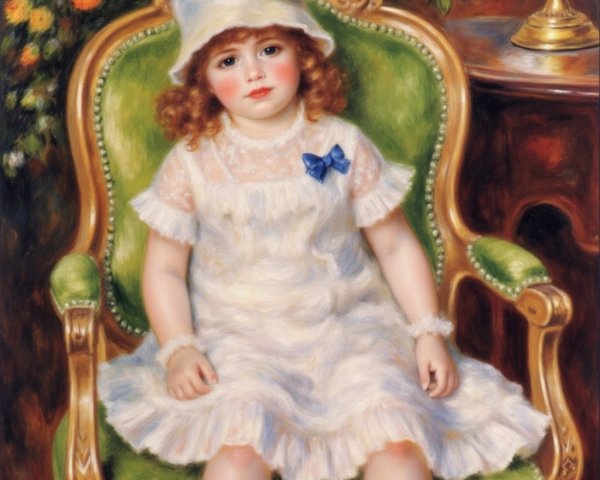 Young girl in white dress seated in ornate green chair