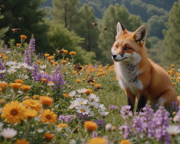 Fox in Vibrant Meadow Surrounded by Wildflowers