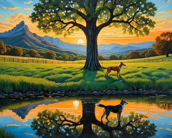 Vibrant painting of a tranquil valley at sunset