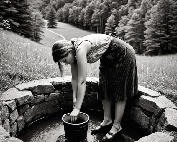 Woman at Rustic Stone Well in Serene Landscape