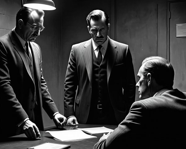 Dimly Lit Office with Three Men in Suits