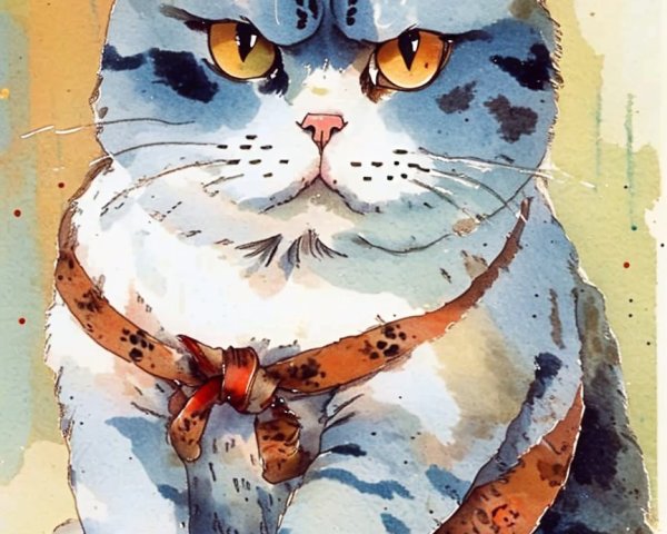 Illustration of a blue-spotted cat in a harness