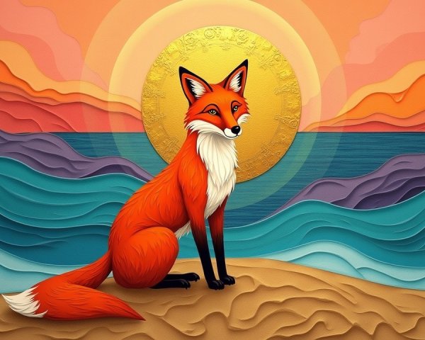 Vibrant Paper Art of a Fox on a Beach Scene
