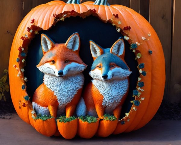 Carved Orange Pumpkin with Foxes and Colorful Leaves