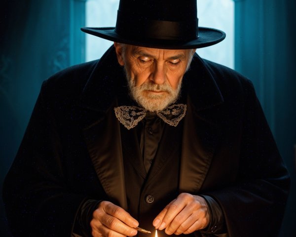 Older Man with Top Hat Lighting a Candle in Blue Tones