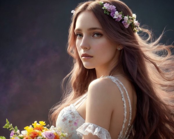 Young woman in floral crown with bouquet in soft scene