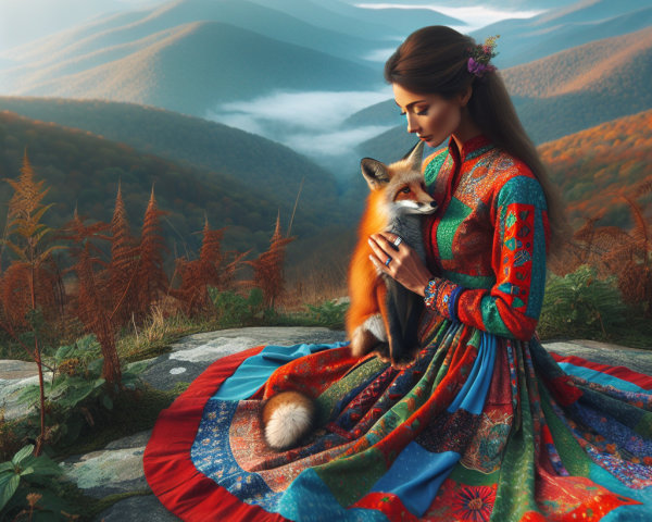 Woman in Colorful Dress with Fox in Mountain Landscape