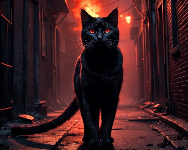 Sleek Black Cat with Orange Eyes in Dim Alley