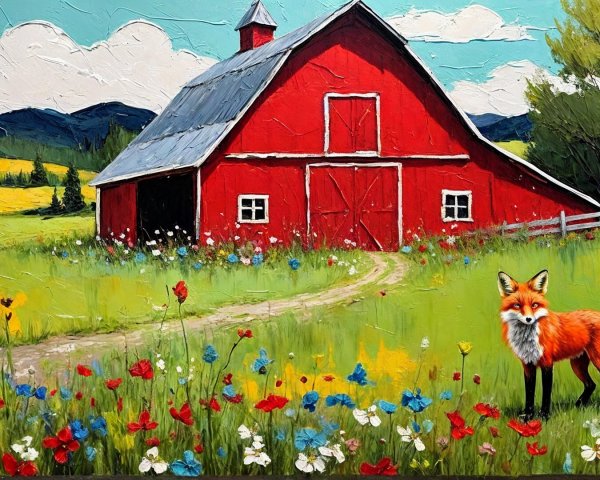 Vibrant Landscape with Red Barn and Fox in Bloom