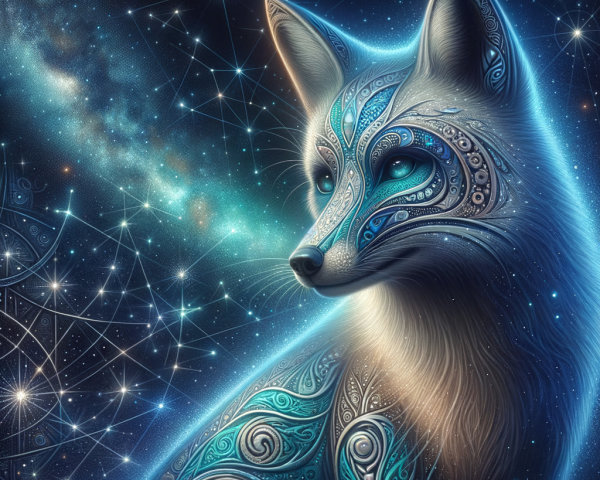 Mystical Fox with Cosmic Patterns and Starry Background