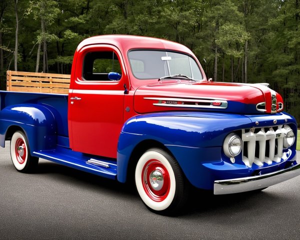 Vintage Pickup Truck with Two-Tone Red and Blue Paint